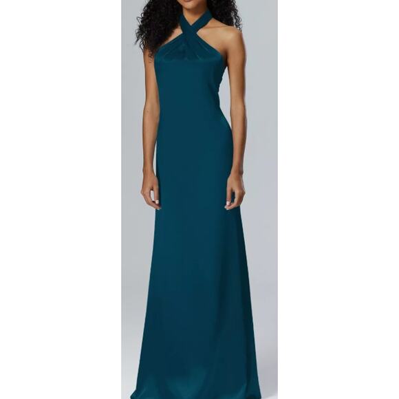 AW BRIDAL 6 S Deep Lake green satin Serena halter bridesmaid maxi dress NEW B126 - Picture 1 of 5